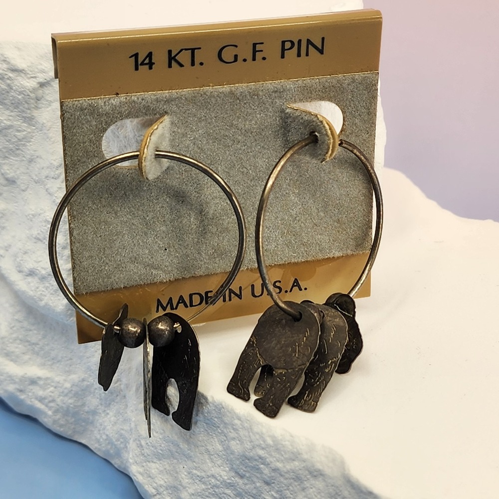 14KT G.F. Pin Hoop Earrings Dangling Elephant Charms Vintage USA Artisan Boho